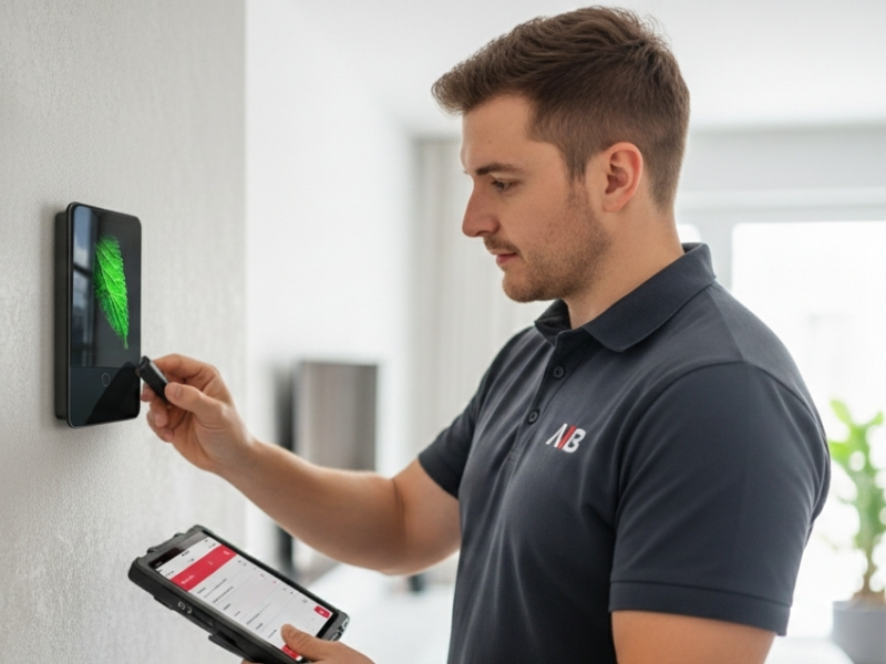 Technicien installant un système d'alarme professionnel